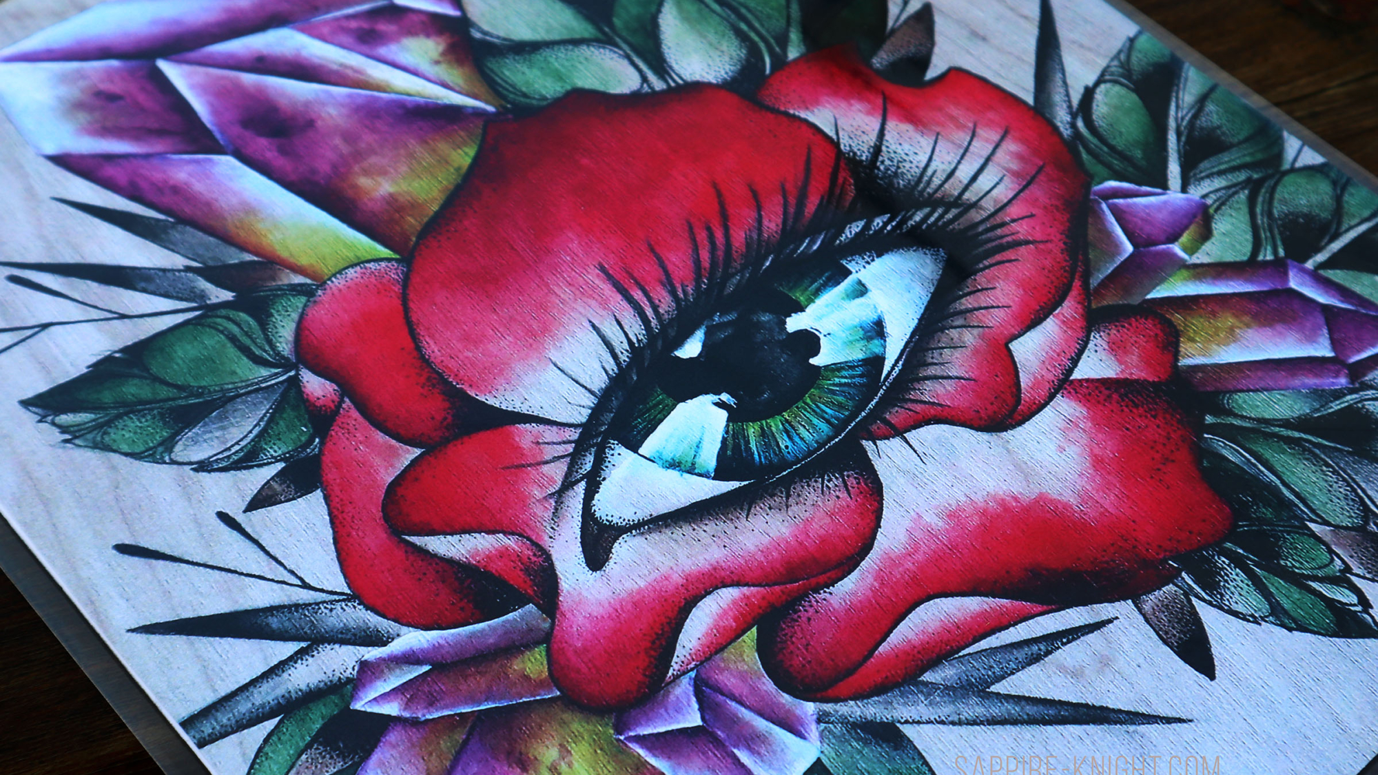 best fine art print of eye inside a blooming red rose, in front of crystals, leaves and thorns.