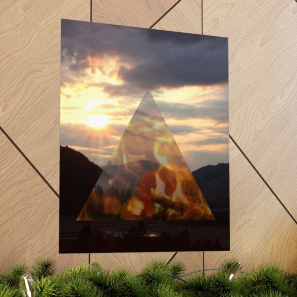 The alchemy element of fire, as a poster of the sunset, in context and on a wall.