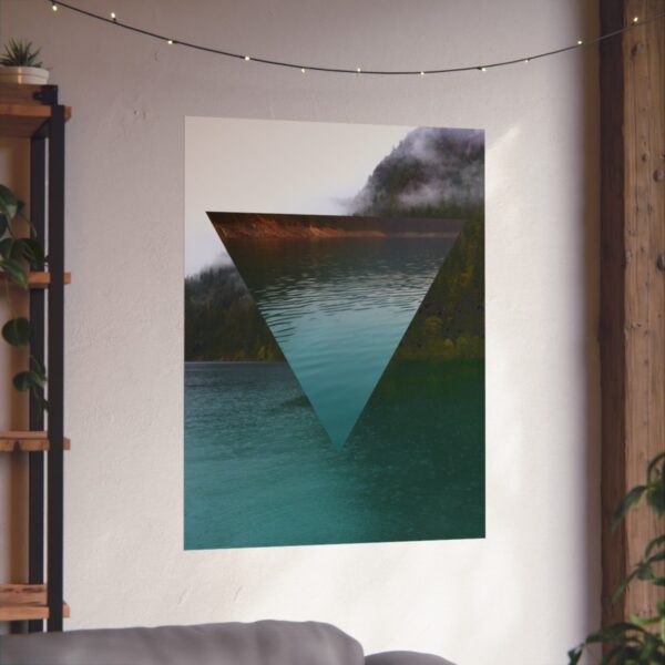 The alchemy element of water, as a poster of a glacial lake, in context and on a wall.