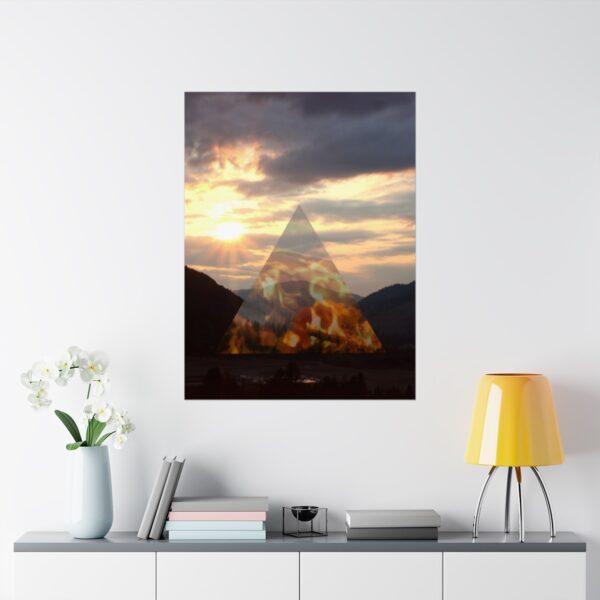 The alchemy element of fire, as a poster of the sunset, in context and on a wall.