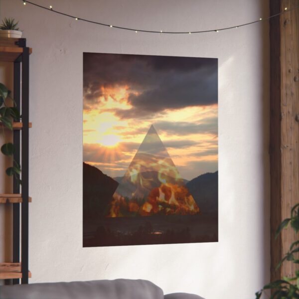 The alchemy element of fire, as a poster of the sunset, in context and on a wall.