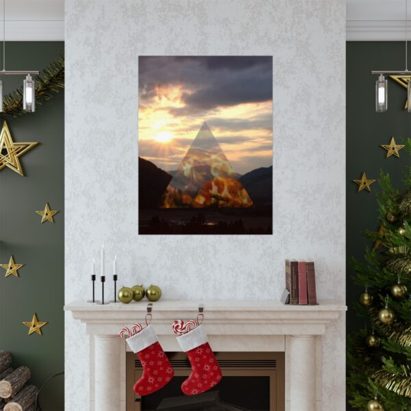 The alchemy element of fire, as a poster of the sunset, in context and on a wall.