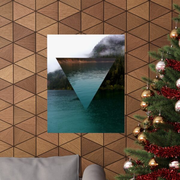 The alchemy element of water, as a poster of a glacial lake, in context and on a wall.