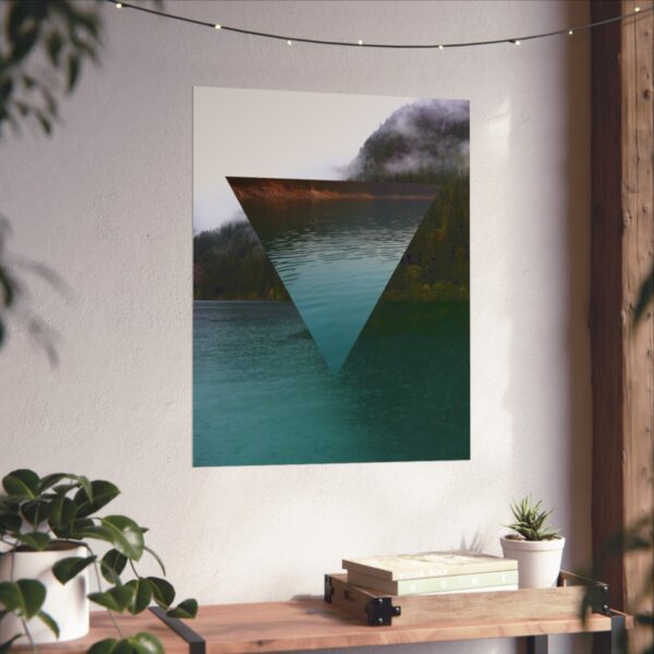 The alchemy element of water, as a poster of a glacial lake, in context and on a wall.