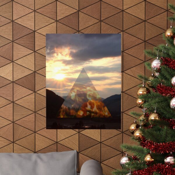 The alchemy element of fire, as a poster of the sunset, in context and on a wall.