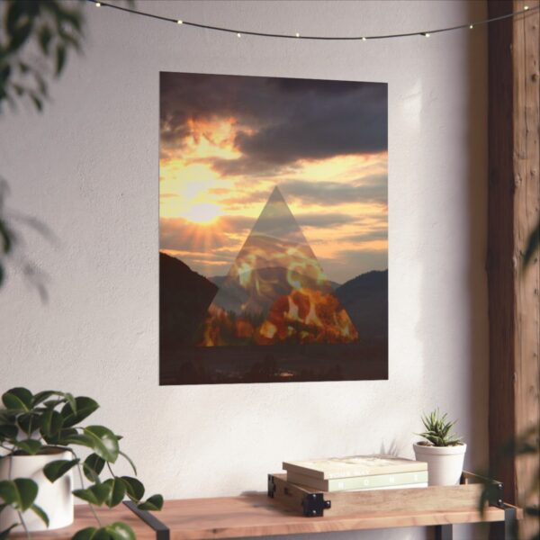 The alchemy element of fire, as a poster of the sunset, in context and on a wall.