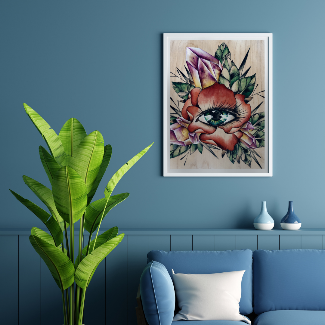best fine art print of eye inside a blooming red rose, in front of crystals, leaves and thorns.