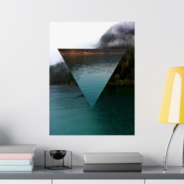 The alchemy element of water, as a poster of a glacial lake, in context and on a wall.