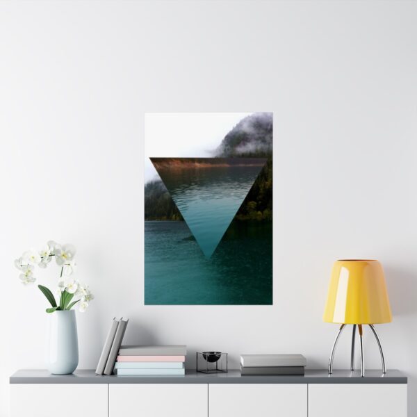 The alchemy element of water, as a poster of a glacial lake, in context and on a wall.