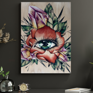 best fine art print of eye inside a blooming red rose, in front of crystals, leaves and thorns.