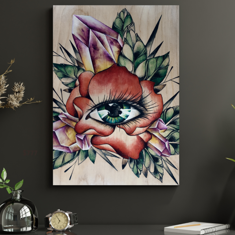 best fine art print of eye inside a blooming red rose, in front of crystals, leaves and thorns.