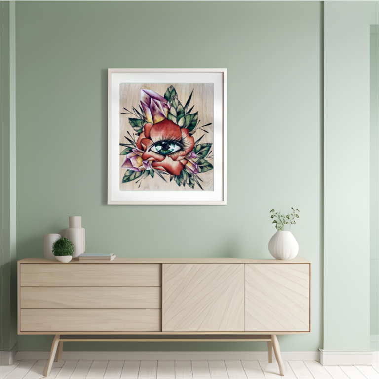 Best fine art print of eye inside a blooming red rose, in front of crystals, leaves and thorns.
