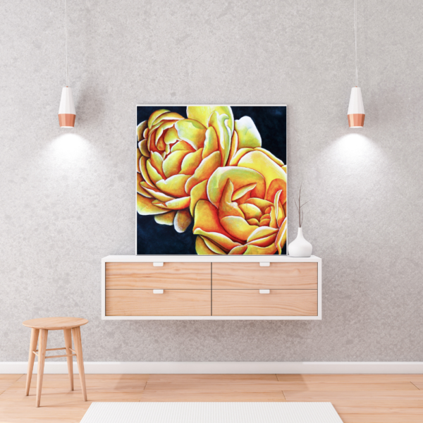 Navy blue and gold roses painted to feel like sunshine in your space.