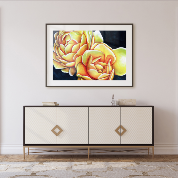 Navy blue and gold roses painted to feel like sunshine in your space.