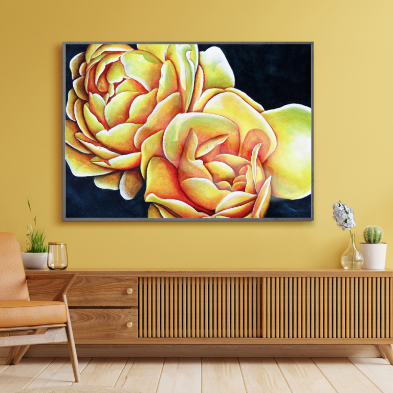 Navy blue and gold roses painted to feel like sunshine in your space.