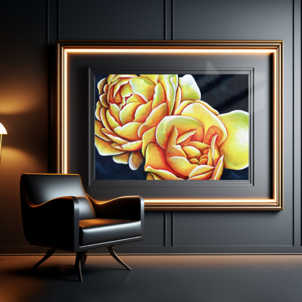 Navy blue and gold roses painted to feel like sunshine in your space.