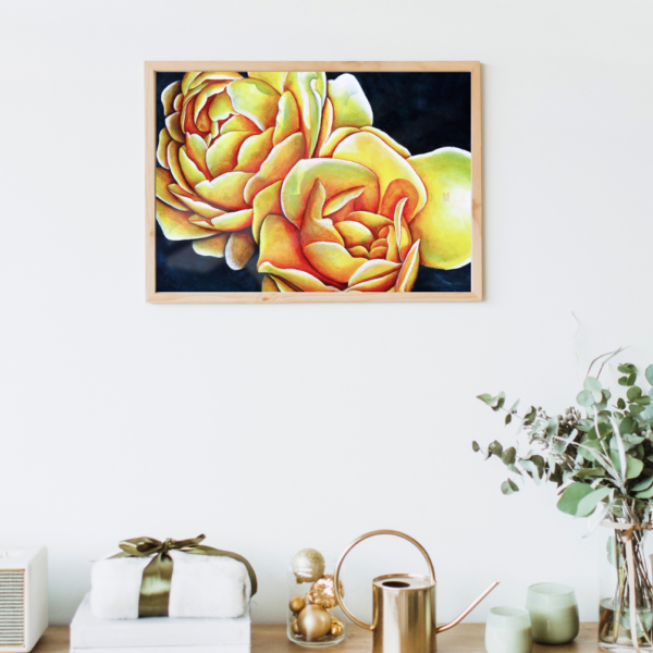 Navy blue and gold roses painted to feel like sunshine in your space.