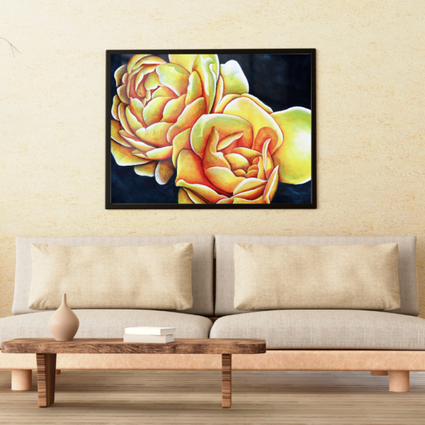 Navy blue and gold roses painted to feel like sunshine in your space.